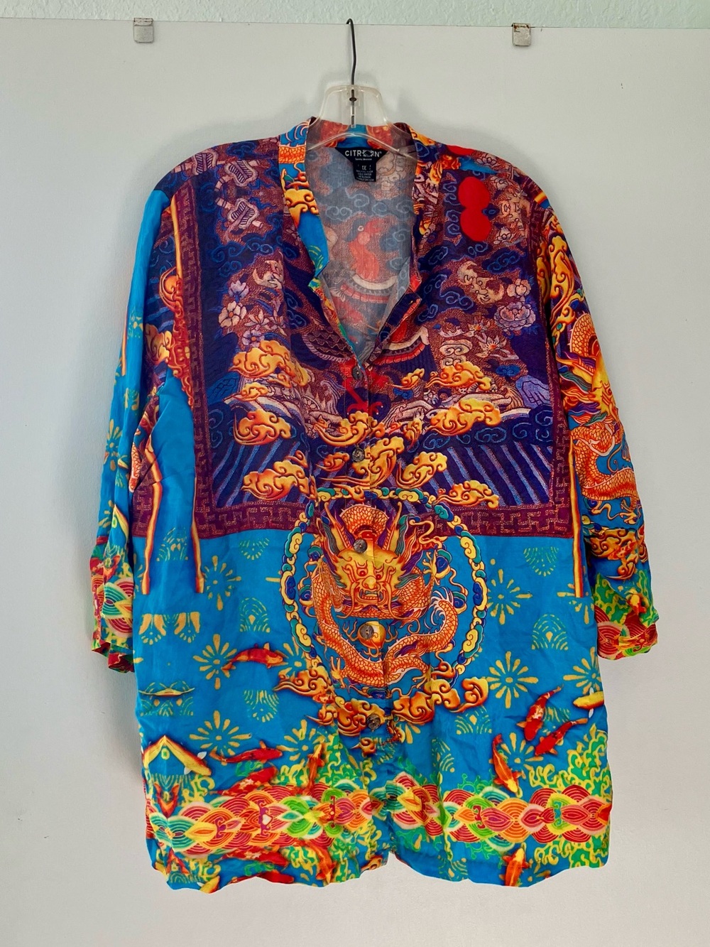 Citron Multicolor Turquoise Orange Red Print Top; Has Holes, Tears, Stains